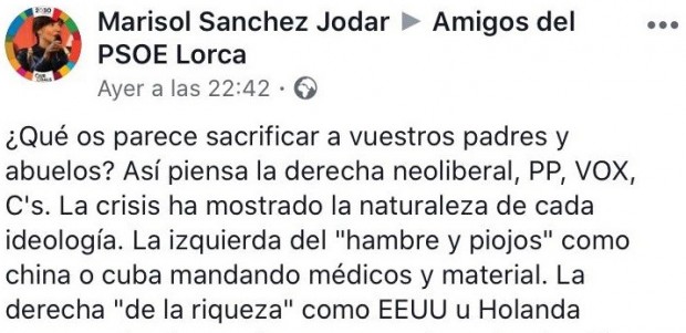 El PP de Lorca, ante las declaraciones "aberrantes" efectuadas por la diputada nacional del PSOE Marisol Sánchez Jódar, exige su rectificación pública inmediata.